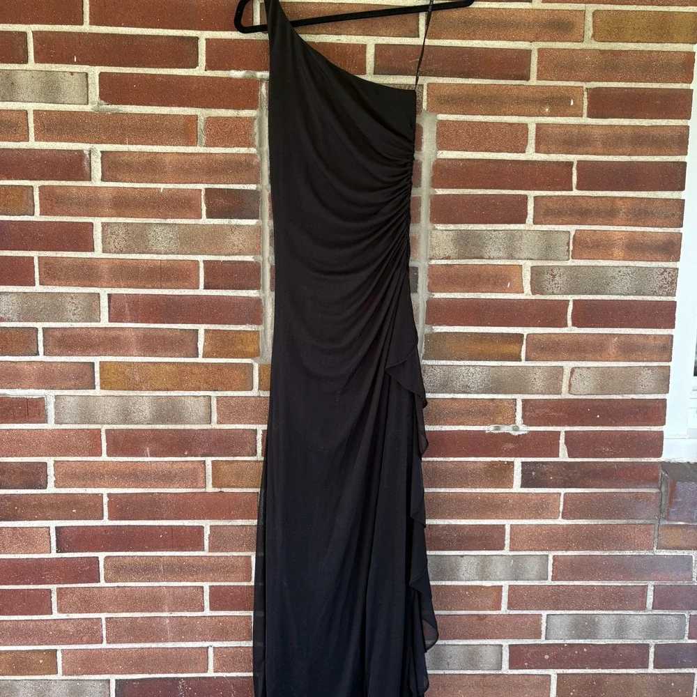 Vtg Y2k City Triangles Black One Shoulder Ruched Bling Gem MIDI Dress Sz S a2381